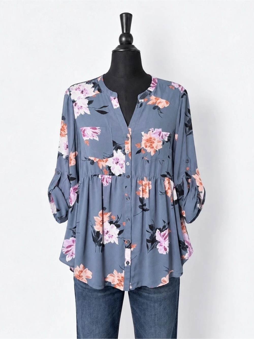 TORRID Blue Floral Button Front Roll Tab Sleeve Tunic Blouse Blue & Pink Size 1